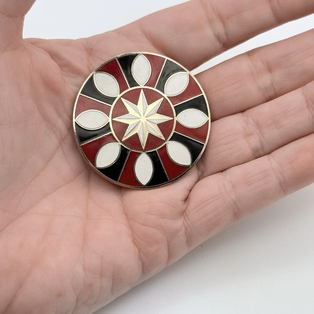 Vintage Enamel Geometric Starburst Brooch Red Black White Round 1.75